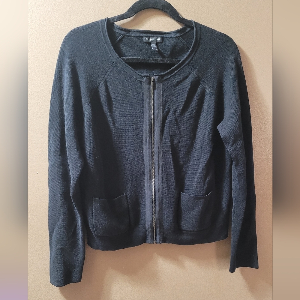 EUC Eileen Fisher Silk Cotton Blend Zip Sweater Jacket Size Medium Black